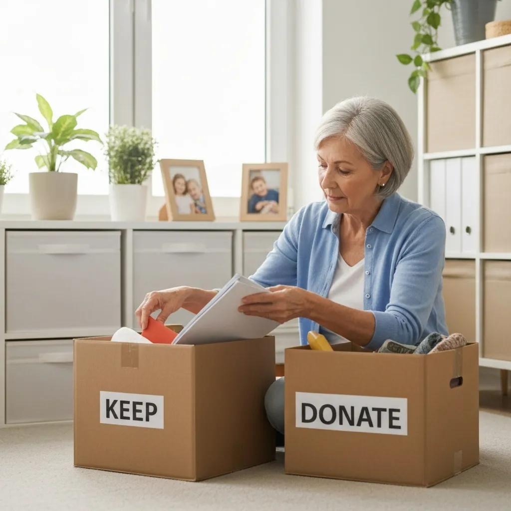 Senior woman gently sorting belongings in a warm, inviting room