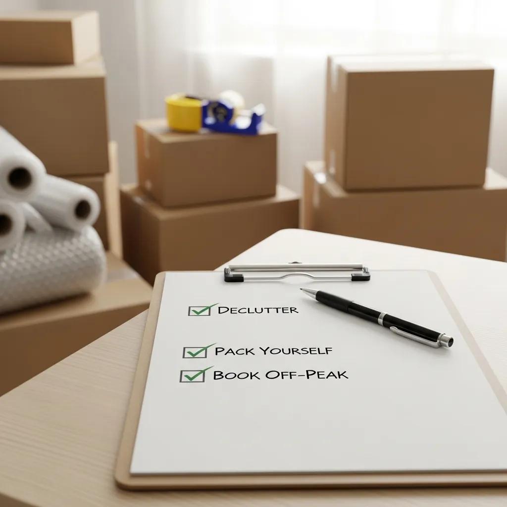 Checklist for saving money on a Nashville move, surrounded by packing supplies
