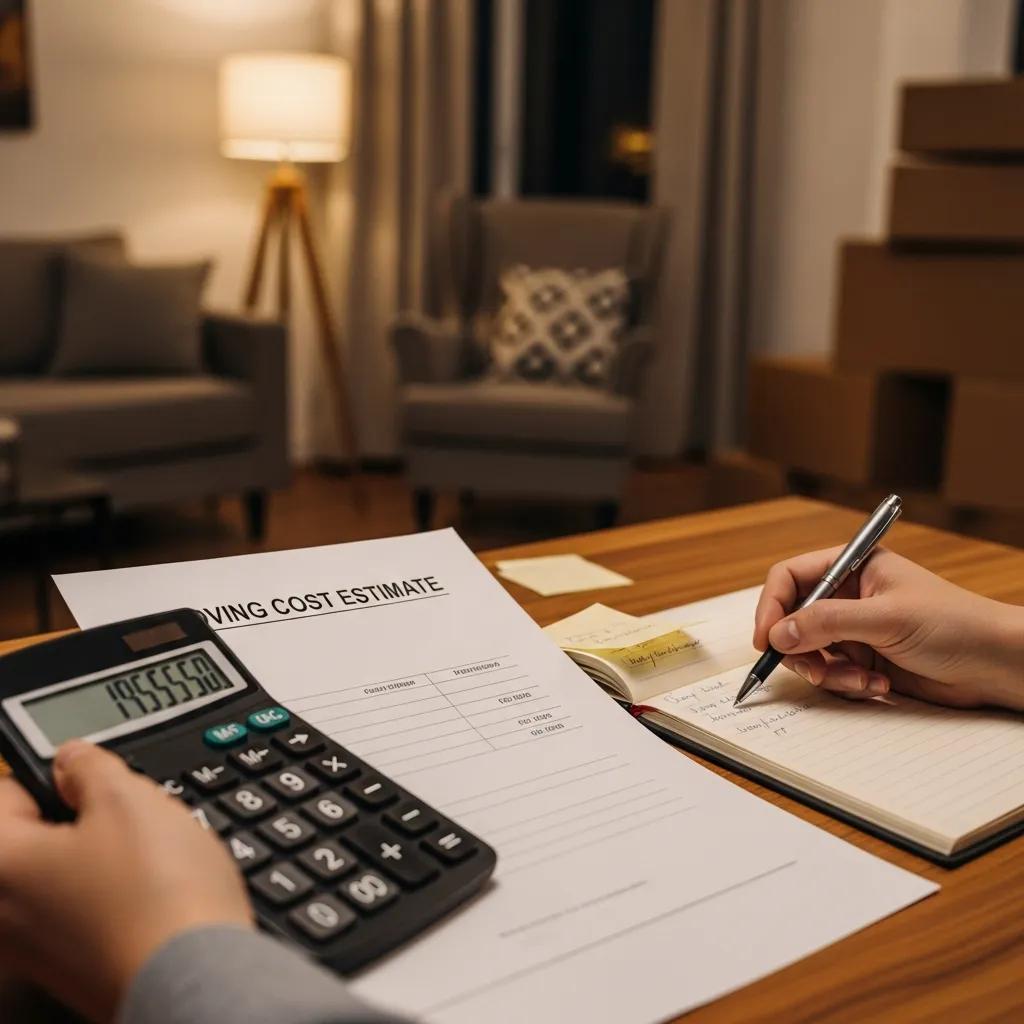 Close-up of a moving cost estimate document and calculator in a cozy living room