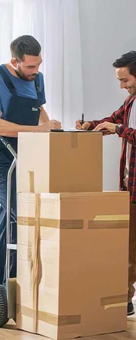 customer receving moving parcel with a happy face