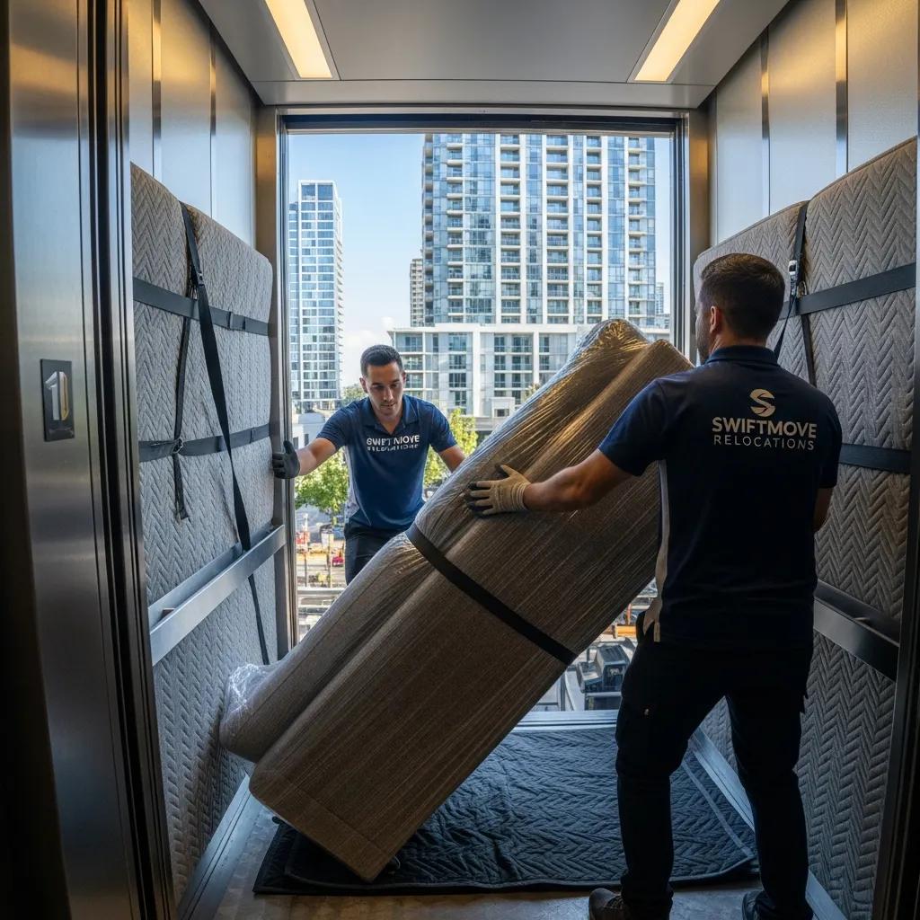 Movers navigating furniture into a high-rise apartment building in Nashville